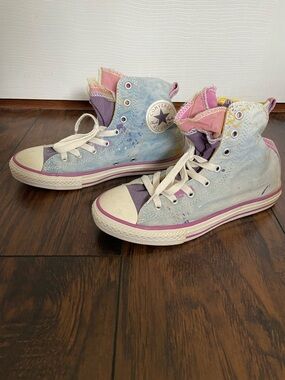 Converse High Top Sneakers in Light Blue with Pink and Purple Accents